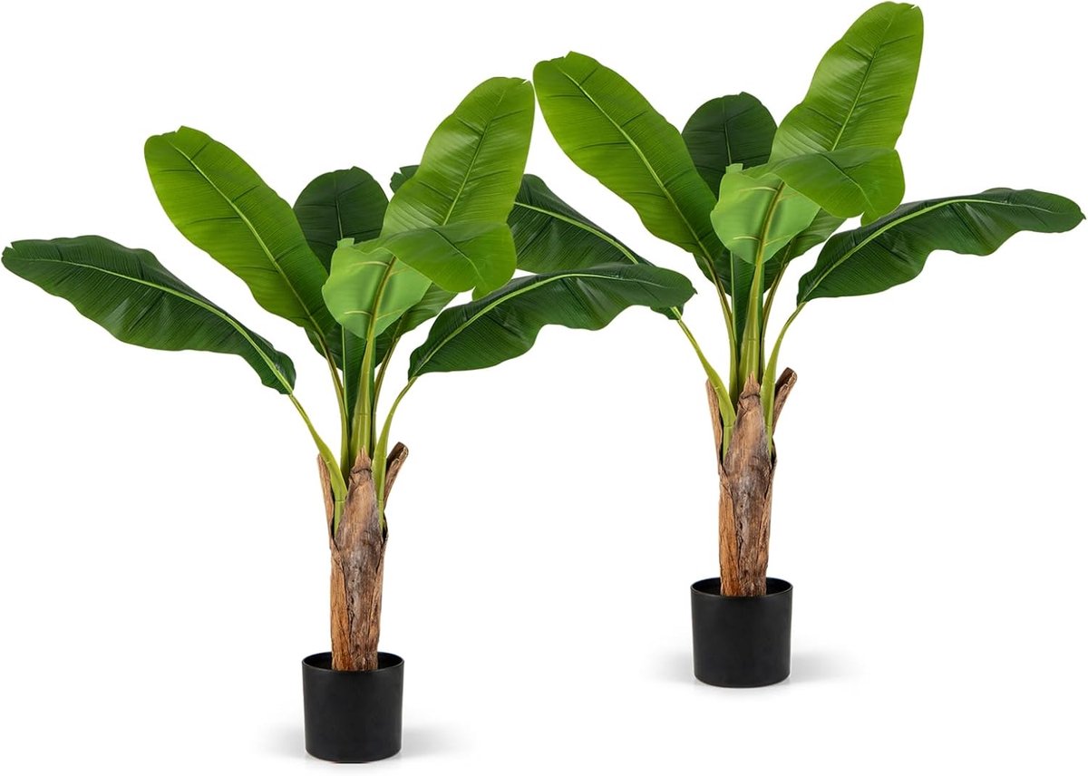 KOMFOTTEU Set van 2 kunstbananenbomen 107 cm, kunstplant in pot met realistische stam en takken, 7 bladeren van PEVA, decoratieve plant voor ingang, kantoor, woonkamer