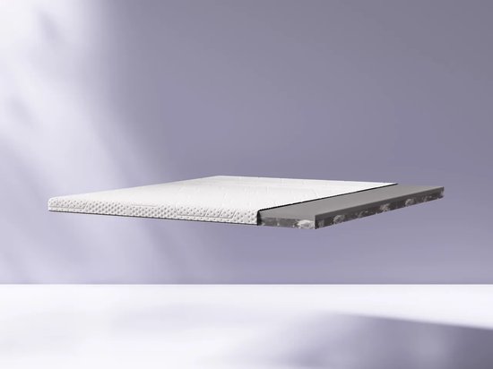 Surmatelas Emma en coupe, tissu blanc matelassé et couche de mousse grise visibles.