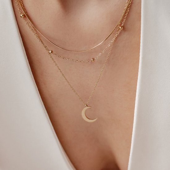 Hey Happiness Laagjes Maan Ketting Set – Set van 2 Halskettingen Dames – Roestvrij Staal 18K Verguld – Verstelbaar – Goud