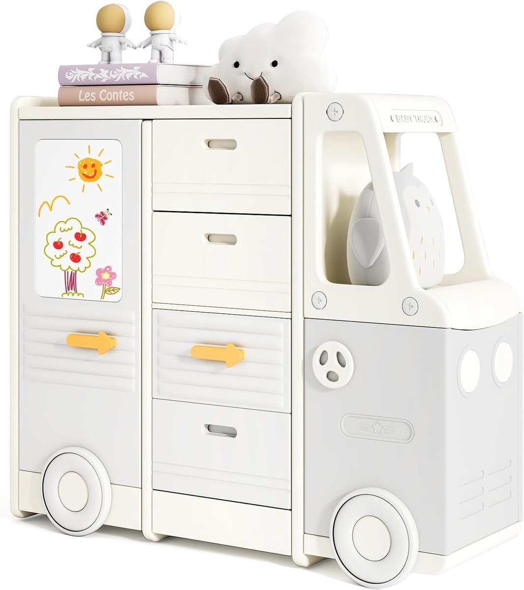 KOMFOTTEU Opbergmeubel voor kinderen in de vorm van een auto Speelgoedopberger Boeken met 4 lades, gesloten kasten, tekentafel, HDPE-kinderplank voor speelkamer, kinderkamer