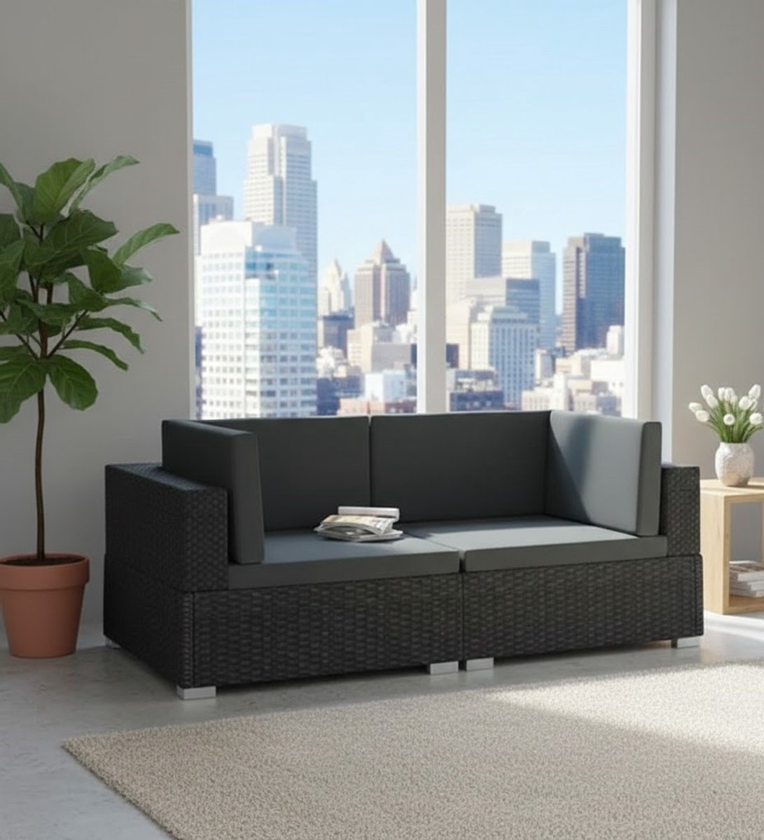 Luxe L-vormige Hoekbank Loungeset 2-delig met Kussens - Tuinbank van Zwart PE-Rotan en Stalen Frame - 2-Zits Buiten Sofa Lounge Meubelen voor Tuin, Balkon en Terras House&Garden