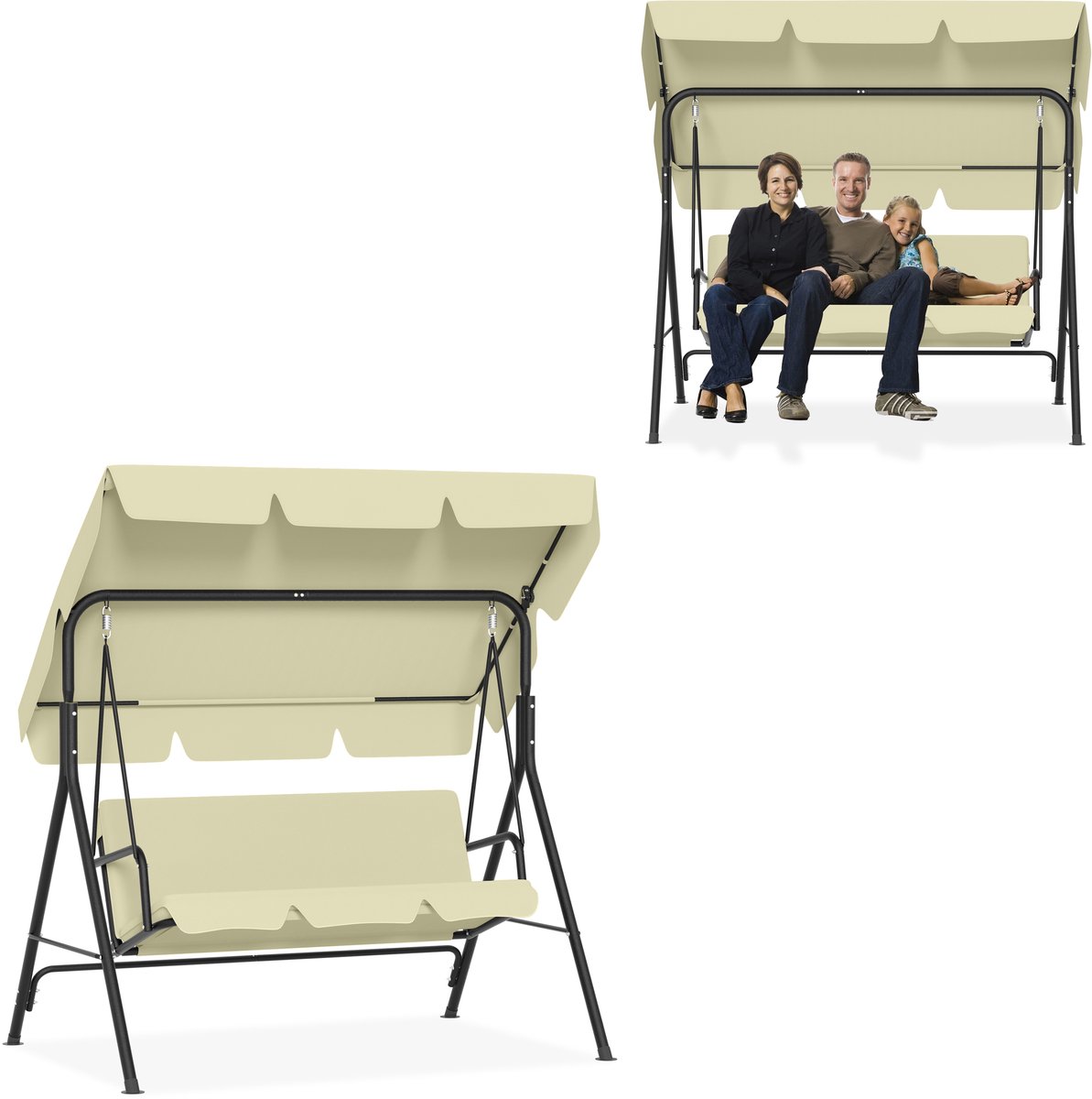 Aufun Schaukel 3 Zits - Tuinschommel Met Ligfunctie - Metalen Ligbank - Verstelbaar Zonnescherm - 176x110x152 cm - Beige