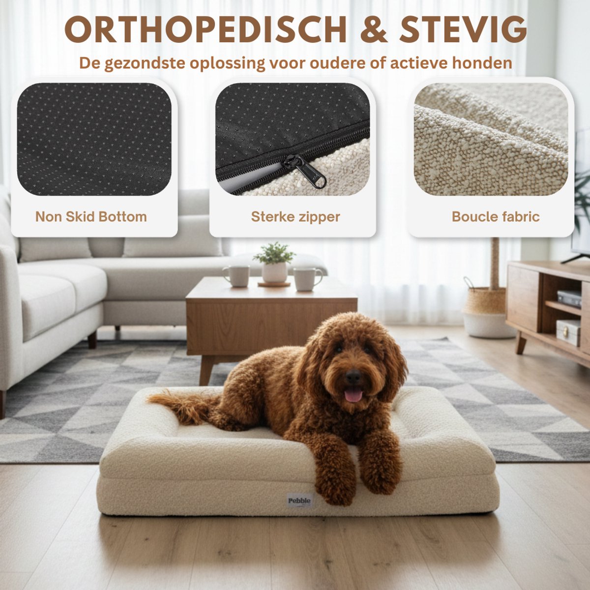 Pebble Orthopedische Hondenmand 88x63 cm Creme Wit - Wasbaar - Teddy - Hondenbed - Stevige Bodem - Zacht Pluche - Hondenkussen - Voor Middelgrote Honden thumbnail 2
