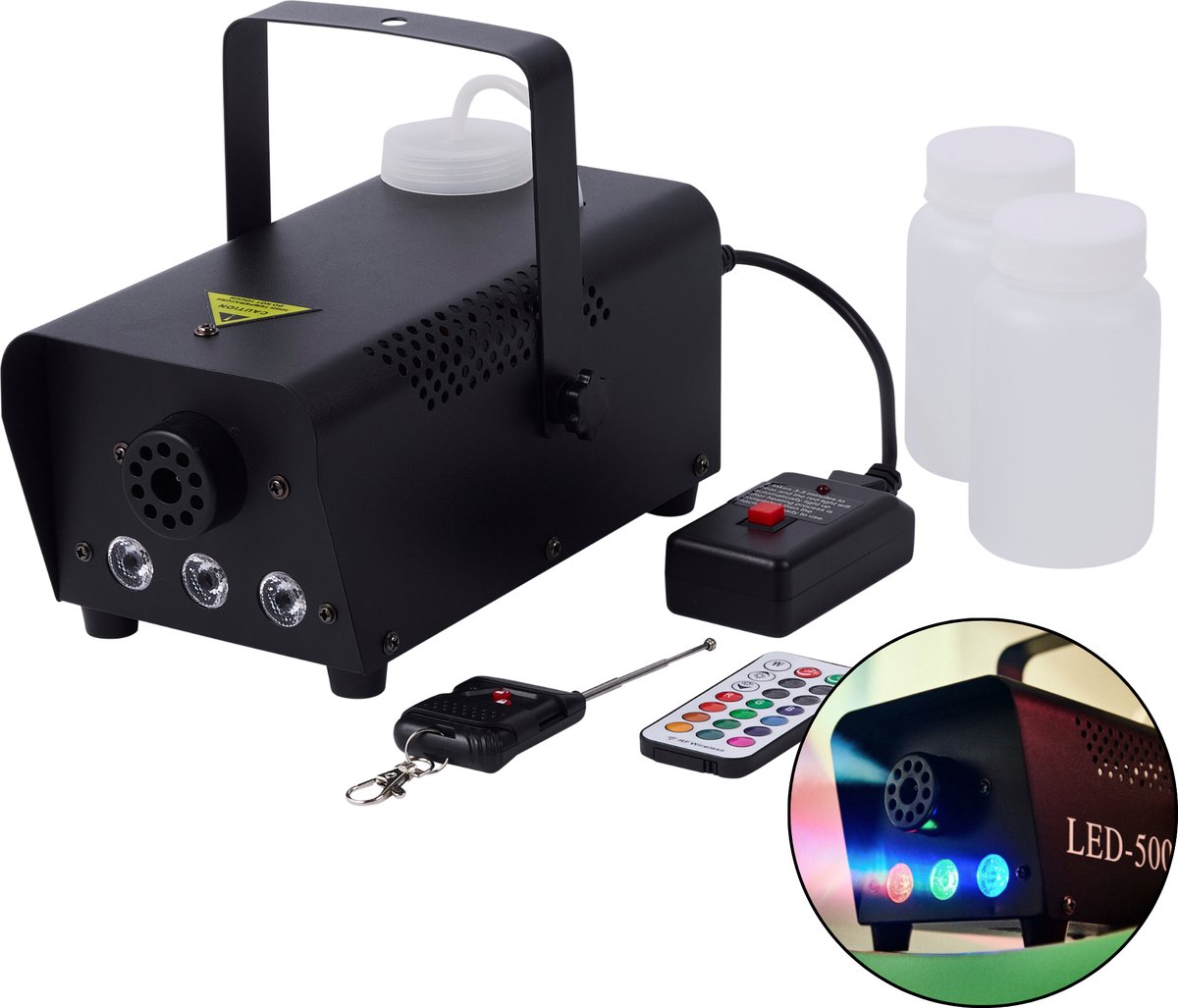 Lighto | Rookmachine met RGB LED | 500W | Inclusief 2x 250ml rookvloeistof & afstandsbediening | 7 kleuren | Zwart