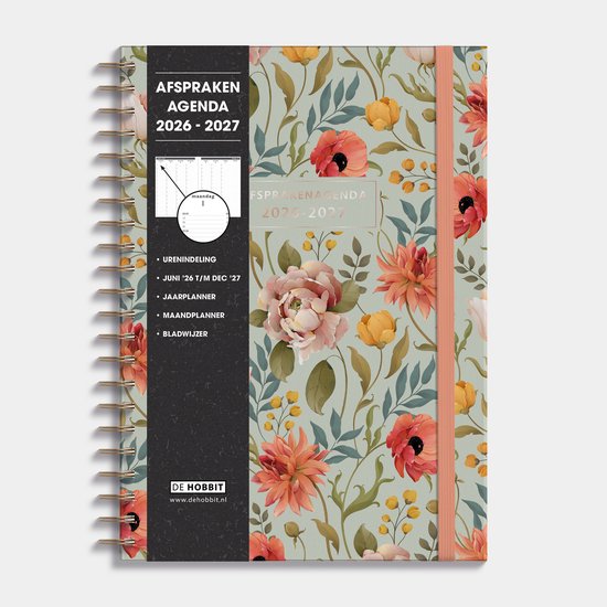 Hobbit - Afsprakenagenda 2026-2027 - A4 (21 x 29,7 cm) - Tijdindeling per kwartier - Zakelijke Agenda - 1 week op 2 pagina's - Ringband Agenda - Harde Kaft - Vintage Bloemen