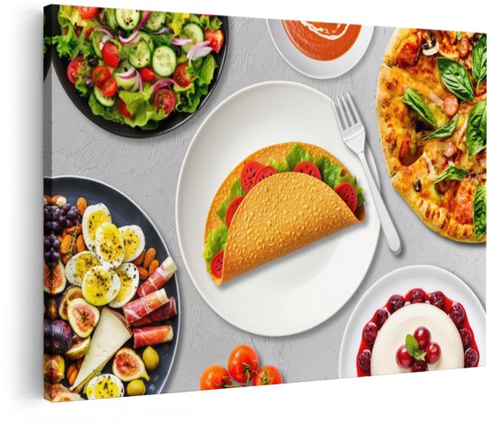 Artaza Canvas Schilderij Eten - 90x60 cm - Wanddecoratie Keuken - Muurdecoratie Pizza Taco Salade - Decoratie Restaurant