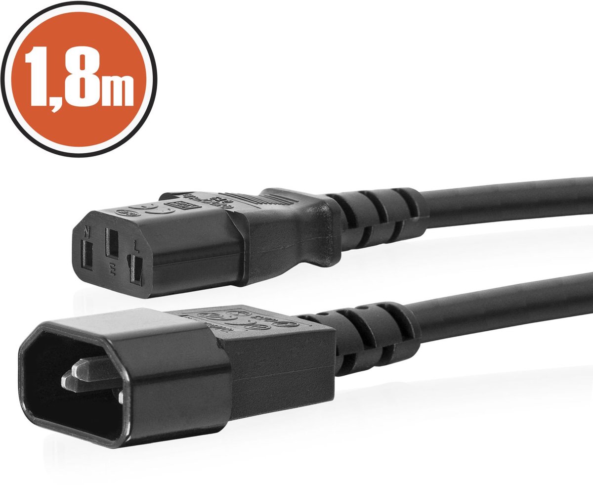 AC stroomkabel 1,8 m - IEC C13 naar IEC C14 connector - zwarte power kabel voor computer en verlengsnoer - 10A, dubbele isolatie, geschikt voor apparatuur [20134]
