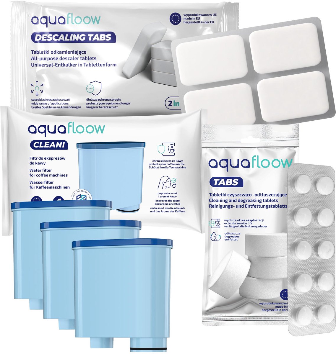 AquaFloow, set voor koffiemachines - 3x Waterfilter + Reinigingstabletten + Ontkalkingstabletten - vervanging - compatibel met Philips Saeco Koffiemachine