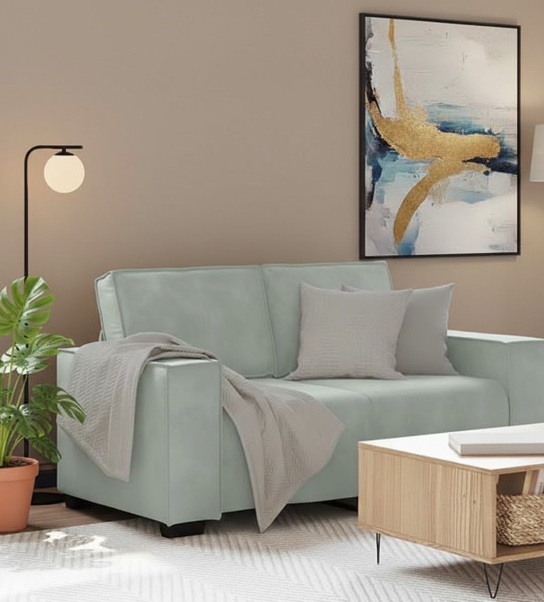 Luxe 2-Zits Fluwelen Bank – Lichtgrijs – Comfortabele Moderne Loveseat voor Woonkamer, Lezen, TV Kijken en Ontspanning – Stevig Houten en Metalen Frame – 120 cm House&Garden