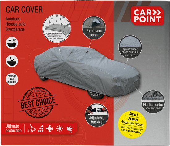 Carpoint Autohoes Ultimate Protection - Beschermt auto tegen UV straling, regen, zand , stof & vuil - Zachte binnenkant – Waterafstotend – Perfecte aansluiting door elastische band & verstelbare banden - Maat Large - Afmeting 460x150x126cm