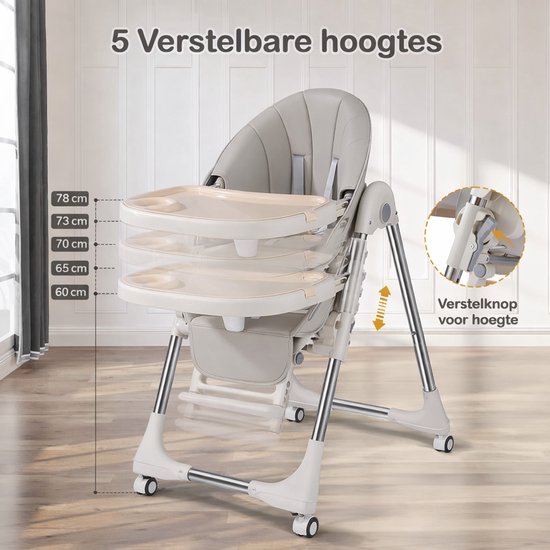 Kinderstoel -Opvouwbare meegroeiende Baby- Verstelbare hoogte - Afneembaar eetblad - 4 Zwenkwielen - Comfortabele zitting-Grijs — afbeelding 2