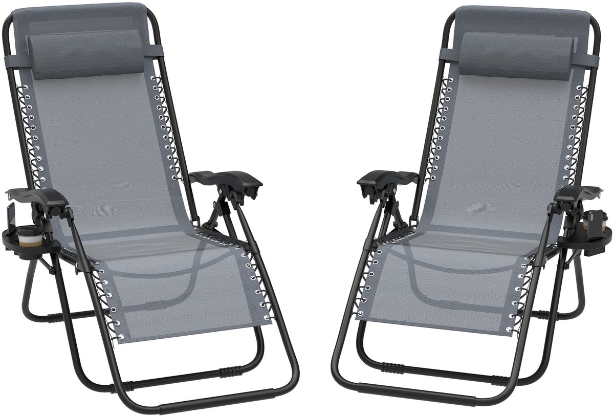 Aufun set van 2 ligstoelen – opvouwbaar – lichtgewicht – verstelbare rugleuning – met bekerhouder en kussen – grijs