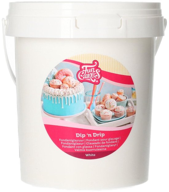 Emmer FunCakes Dip 'n Drip wit, met afbeeldingen van taarten en donuts.