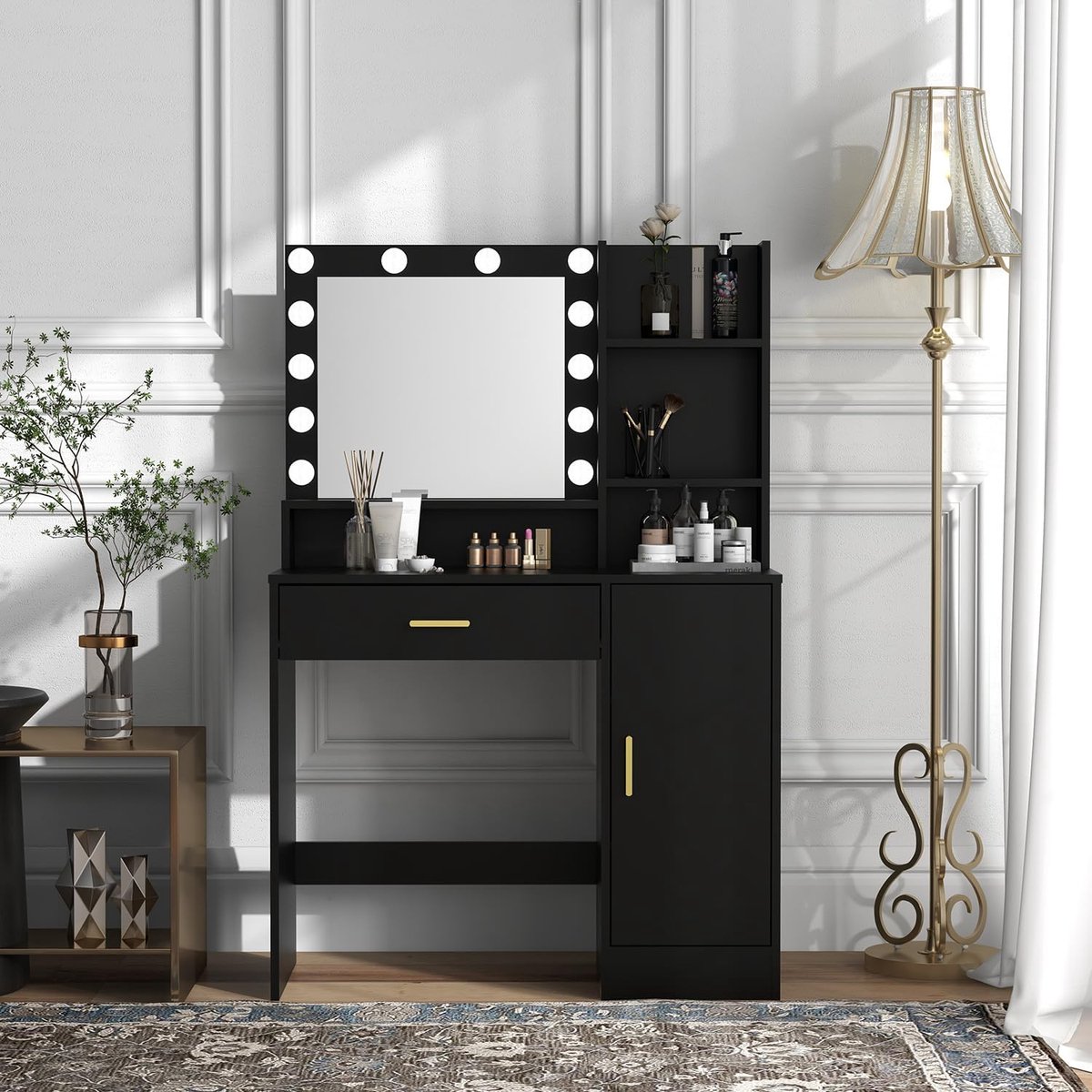 Schminktisch mit LED Spiegel 90 x 40 x 137 cm – Make-up Tisch mit Schublade, Schrank und 4 Ablagen, 3 Lichtmodi & Dimmbar – Weiß Schminktisch Set – Pauwhome