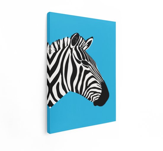Artaza Canvas Schilderij Zebra Kop - 30x40 cm - Wanddecoratie Dieren - Muurdecoratie Grafisch - Schilderijen Op Canvas - Blauw