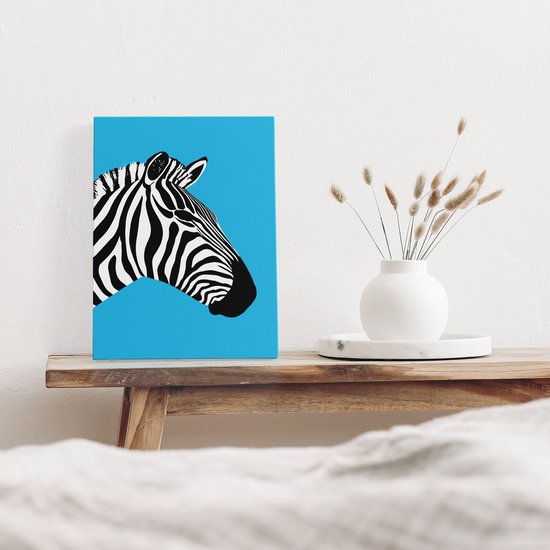 Artaza Canvas Schilderij Zebra Kop - 30x40 cm - Wanddecoratie Dieren - Muurdecoratie Grafisch - Schilderijen Op Canvas - Blauw