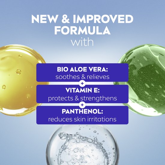 Gele, groene en blauwe vloeistofbollen naast tekstblokken. Tekst: 'NEW & IMPROVED FORMULA with BIO ALOE VERA', 'VITAMIN E', 'PANTHENOL'.
