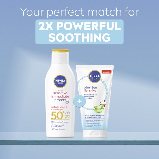 Witte NIVEA SUN 'sensitive immediate protect' fles en 'After Sun Sensitive' tube. Tekst: 'Your perfect match for 2X POWERFUL SOOTHING'.