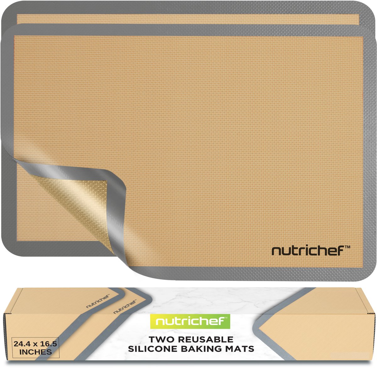NutriChef Siliconen Bakmat – Set van 2 antiaanbak bakmatten – Geschikt voor grote bakplaten 62 x 42 cm– Oven, vriezer- en vaatwasserbestendig – Grijs