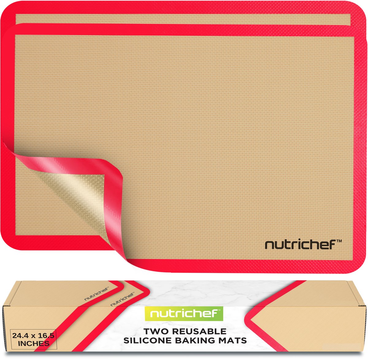 NutriChef Siliconen Bakmatten – Set van 2 antiaanbak bakmatten – Geschikt voor grote bakplaten 62 x 42 cm – Oven-, vriezer- en vaatwasserbestendig – Rood