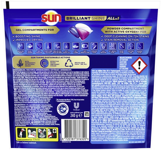 Sun - Vaatwascapsules - Brilliant Shine - All-in 1 - een capsule met Active Oxygen+ - 16 Vaatwastabletten