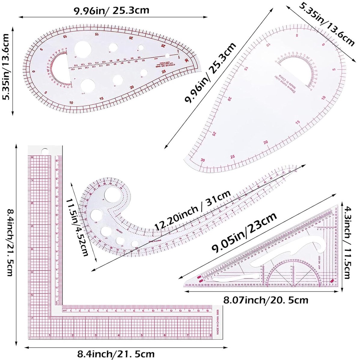 Candala 5 stuks naailiniaal, Franse gebogen liniaal, Franse Curve Naaimaat, kleermakersliniaal, metrische liniaal, Gereedschap om te naaien,geschikt voor beginners, sarti, ontwerpers