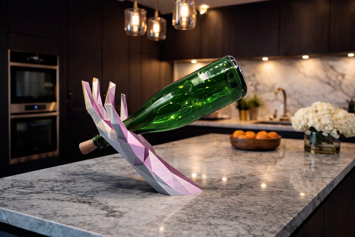Layerzz - wijnfleshouder - geometrische arm - standaard - 3D print - meerkleurig - decoratie - goud zilver roze