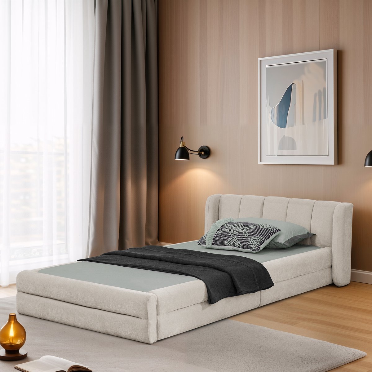 MIVRAY Gestoffeerd Bed 90x200cm - Eenpersoonsbed Met Ergonomisch Hoofdbord - Geluidsarme Steun - Chenille - Beige - Zonder matras