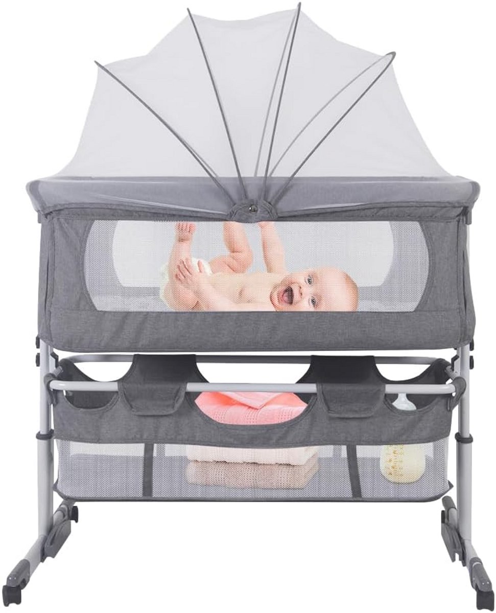 In hoogte verstelbaar Babybed en Co-sleeper met Opbergmand - Draagbaar Kinderbedje