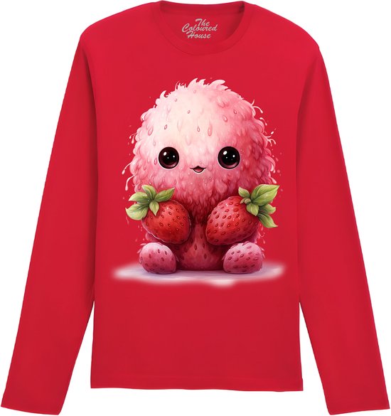 Rood longsleeve T-shirt met een illustratie van een pluizig roze monster dat aardbeien vasthoudt. The Coloured House logo.