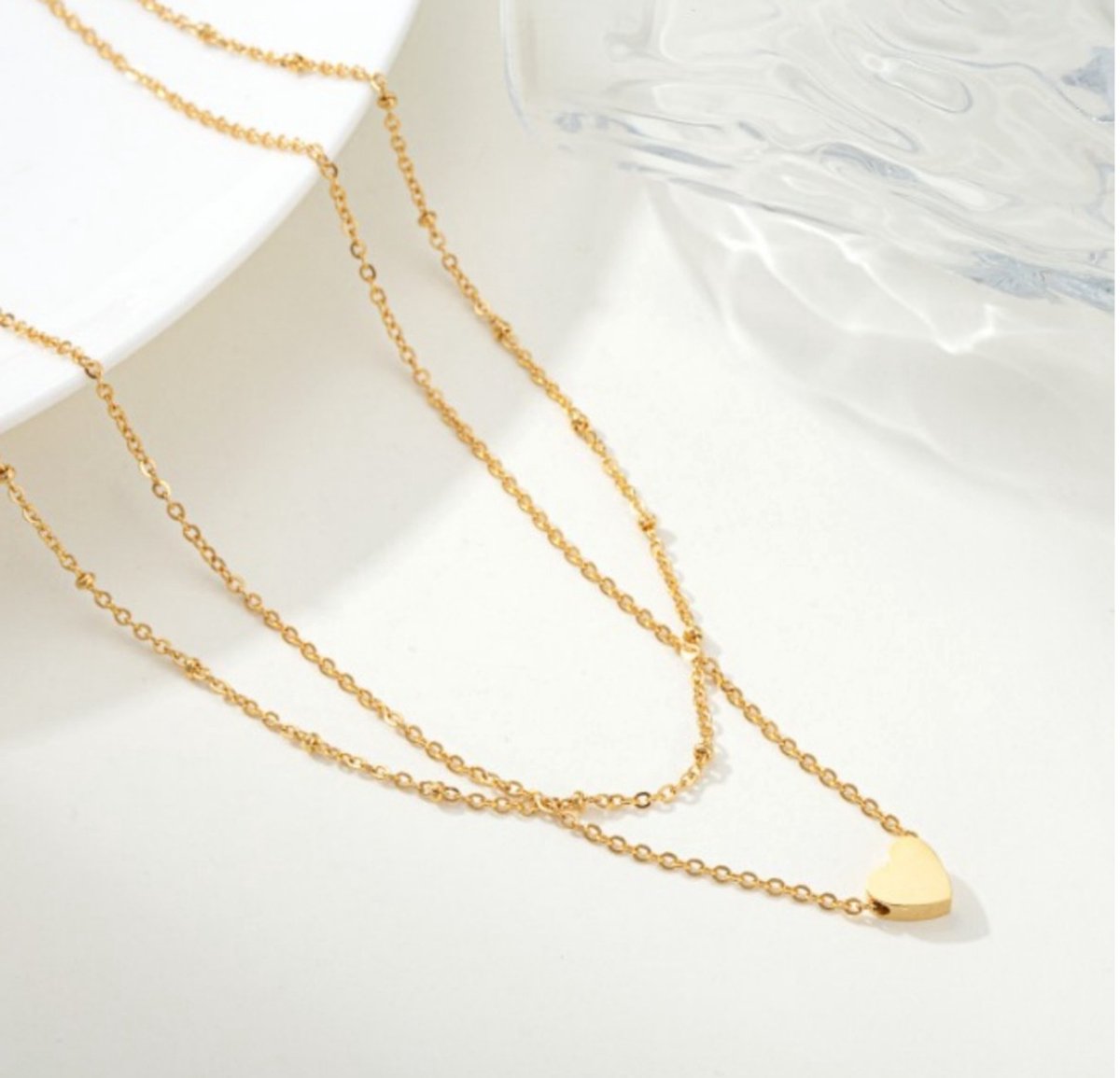 La Rosa Princesa Luxe Ketting Dames GoudKleurig Hartjes dubbele Laag- Premium Stainless Steel Jverguld met Hartjes – 40.5 cm + Verlengstuk
