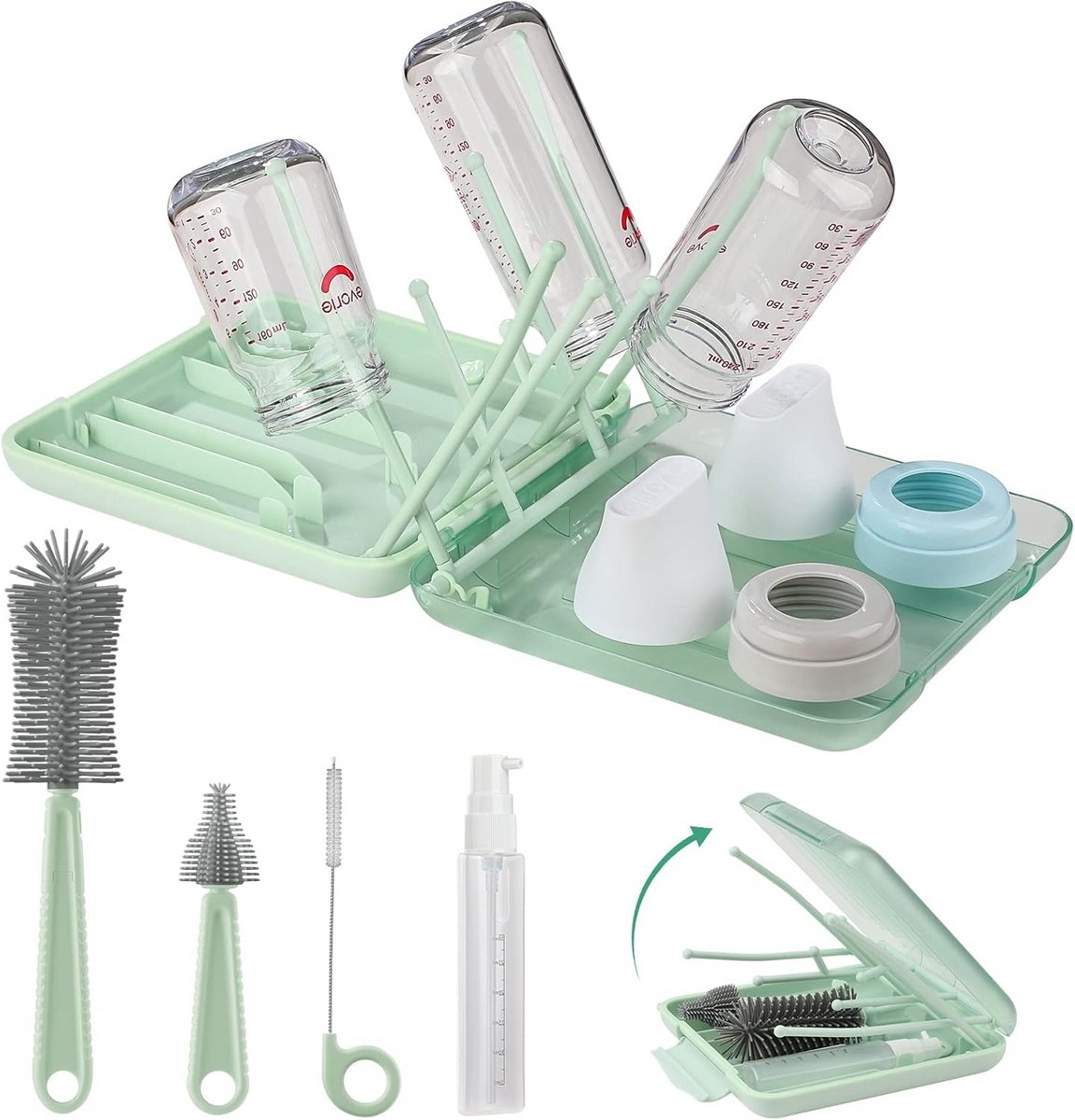 Complete Flessenreinigingsset 6-in-1 met Droogrek voor Babyflessen en Rietjes