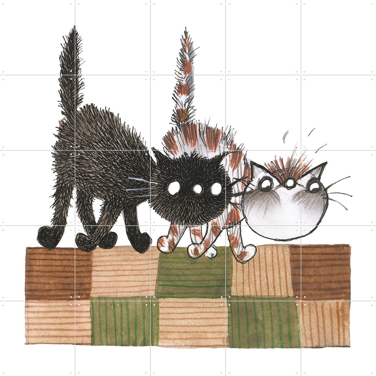 IXXI Pim & Pom lopen op het dak, Fiep Westendorp - 100 x 100 cm - Gratis ophangtool - Grote wanddecoratie en posters - Cartoonesk, Illustraties