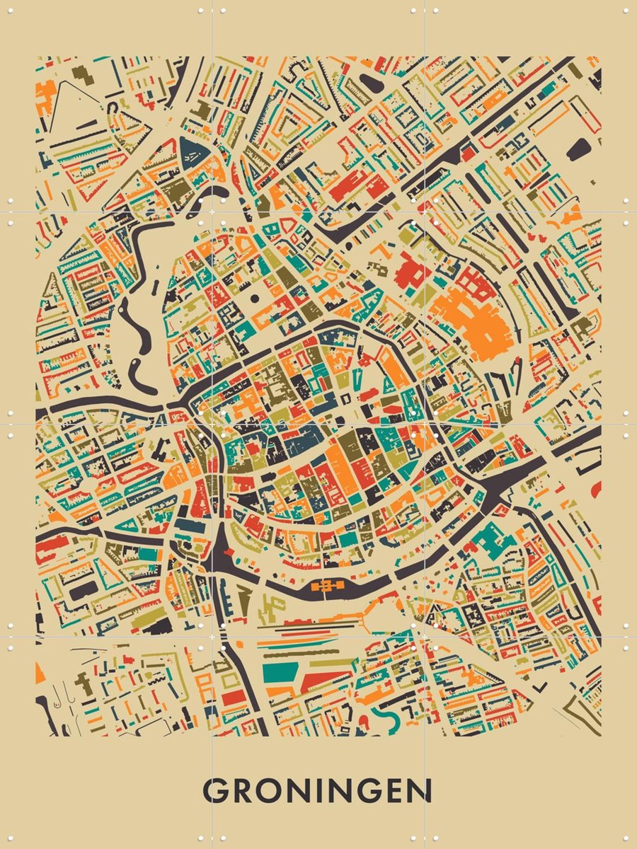 IXXI Groningen Mosaic Map, Kunst in Kaart - 60 x 80 cm - Gratis ophangtool - Grote wanddecoratie en posters - Kleurrijk, Digitale Kunst, Geometrische