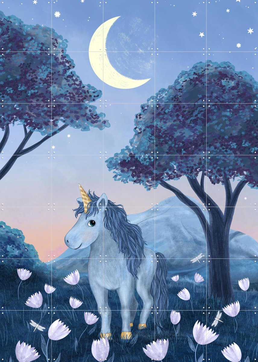 IXXI Moonlight Unicorn, EMELIEmaria & Various - 100 x 140 cm - Gratis ophangtool - Grote wanddecoratie en posters - Fantasierijk, Illustraties
