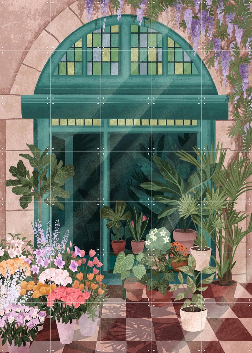 IXXI French Flower Shop, Goed Blauw - 100 x 140 cm - Gratis ophangtool - Grote wanddecoratie en posters - Grafisch Ontwerp, Kleurrijk, Illustraties