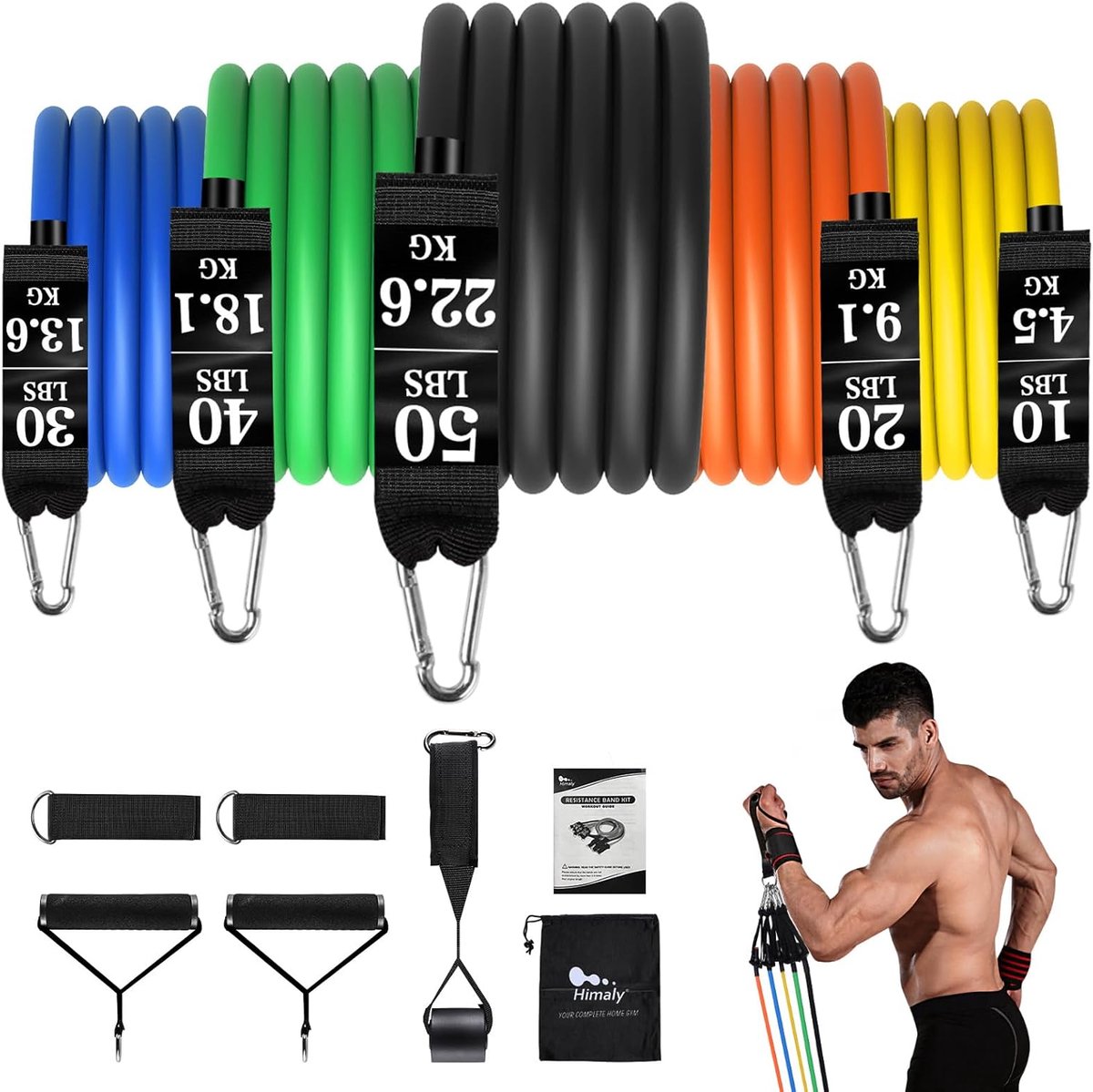 Set van 5 Weerstandsbanden met Handvat – Fitnessbanden voor Krachttraining, Thuis & Sportschool – Voor Dames en Heren