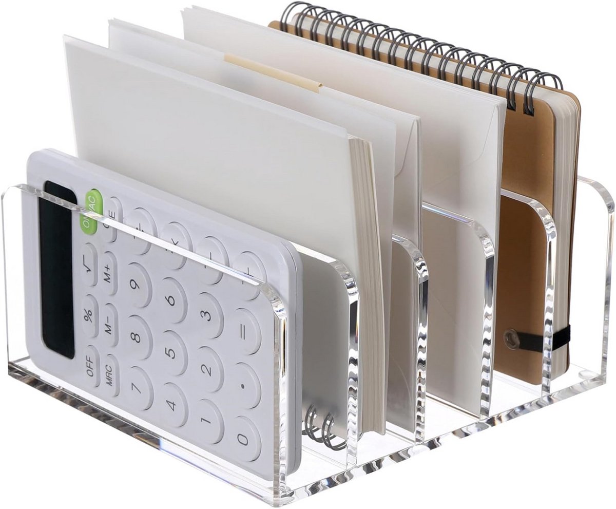 QTTVBTNA Tijdschriftenhouder en Organizer met 5 Vakken -Tijdschriftencassette - Transparante Bureau Document Organizer -Acryl -16.2x15.6x6.6cm