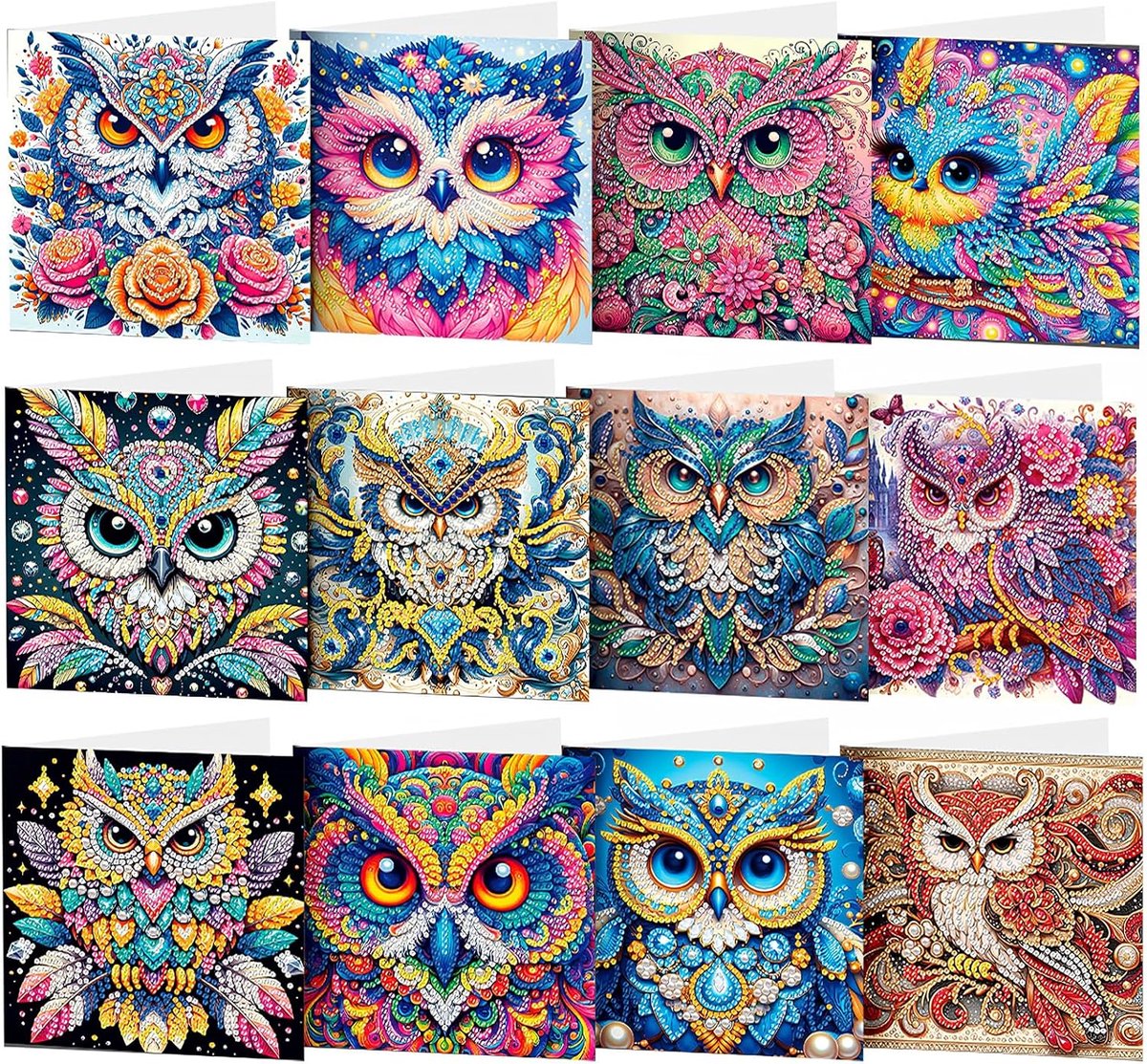 Diamond painting kaartenset - 12 stuks - Kaarten maken - Doe-het-zelf - Wenskaarten maken - Kaarten met enveloppen - Diamond steentjes
