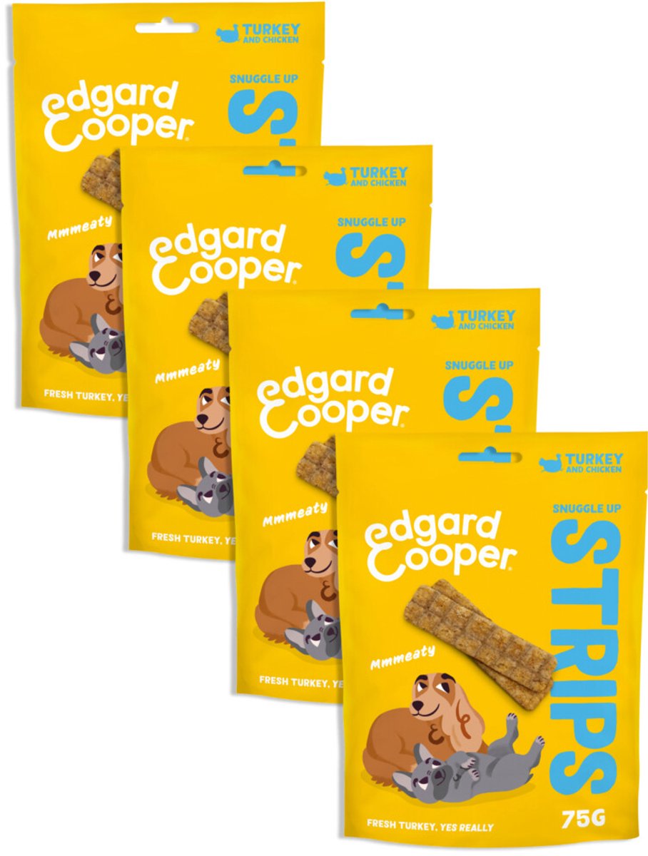 Edgard & Cooper Natural Dog Treats - Kalkoen & Kip Snuggle Up Strips - (4 x 75g), Graanvrij, Vers vlees met hoog eiwitgehalte, vol essentiële aminozuren