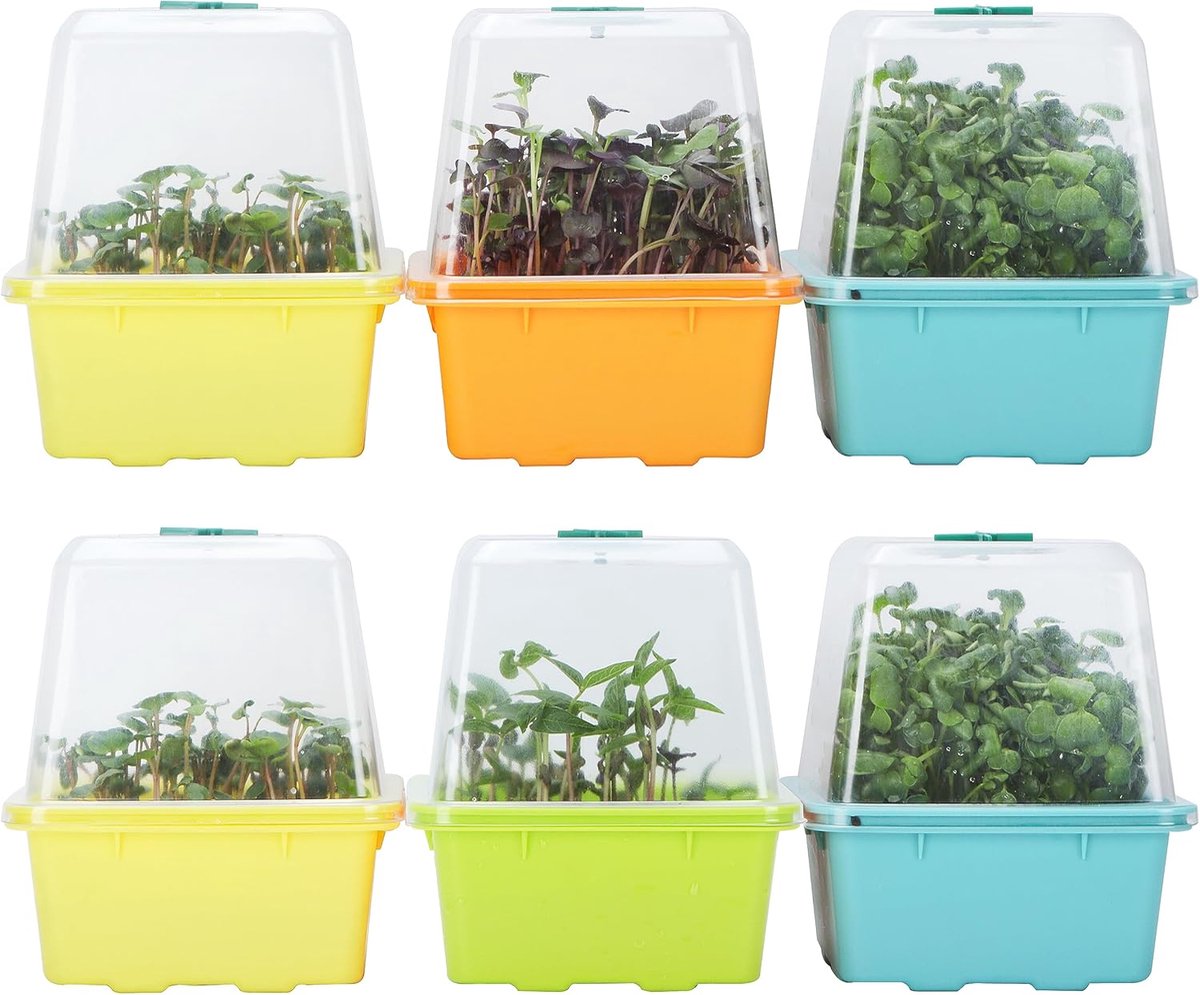 Famanu – Microgreen kweekbakken - kiembak met vochtigheidskoepel - 3 mm grote gaasgaten - BPA-vrij - kiemset voor het kweken van grote zaden - zoals zonnebloem - mungbonen - groene erwt - 6 stuks | Kleurrijk