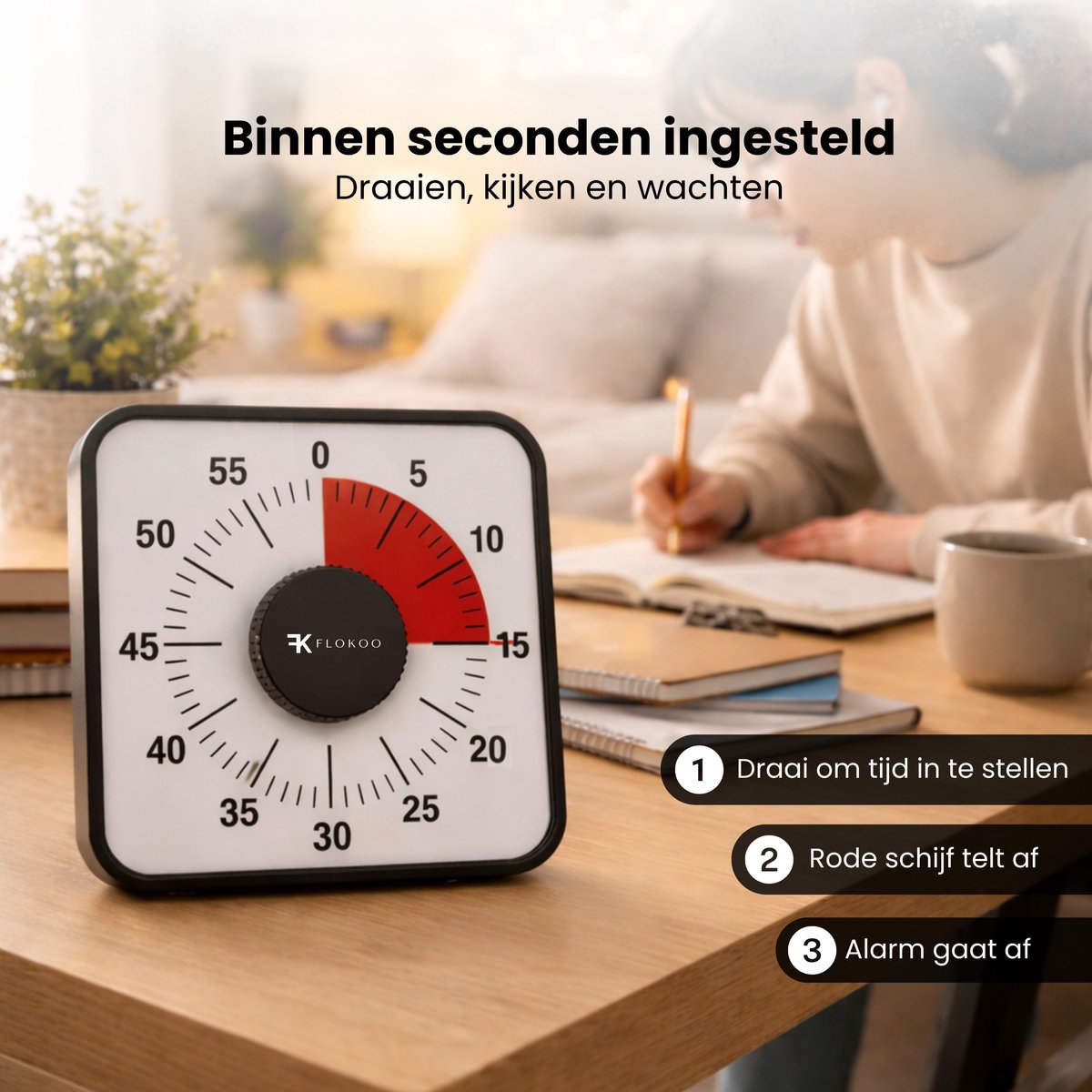 Leerklok Zwart - 19cm x19 cm - Aftelklok - Kookwekker Analoog - Leer Klok kijken — afbeelding 3