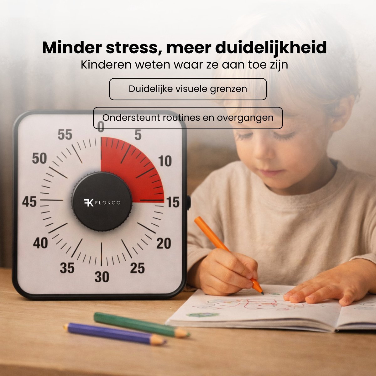 Leerklok Zwart - 19cm x19 cm - Aftelklok - Kookwekker Analoog - Leer Klok kijken — afbeelding 7