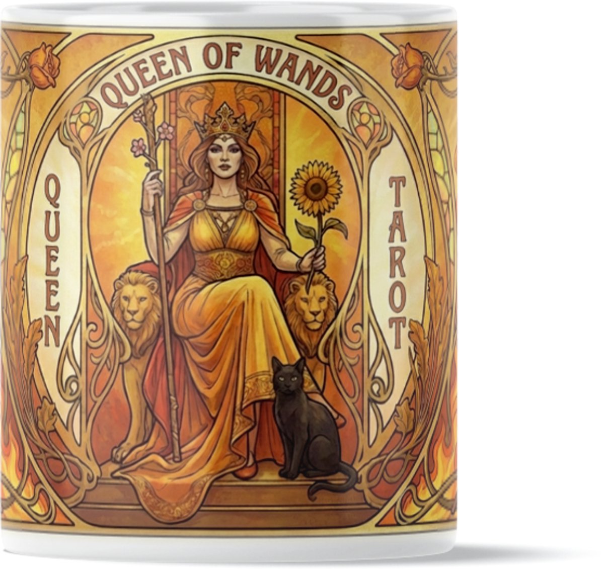 Mystieke Tarot Mok "Queen of Wands" (Koningin van Staven) - Vintage Art Nouveau Design met Zonnebloem & Zwarte Kat - Symbool voor Passie & Zelfvertrouwen - Charisma & Daadkracht - Elegant Art Nouveau Design - Spiritueel & Vurig Cadeau voor Vrouw of V