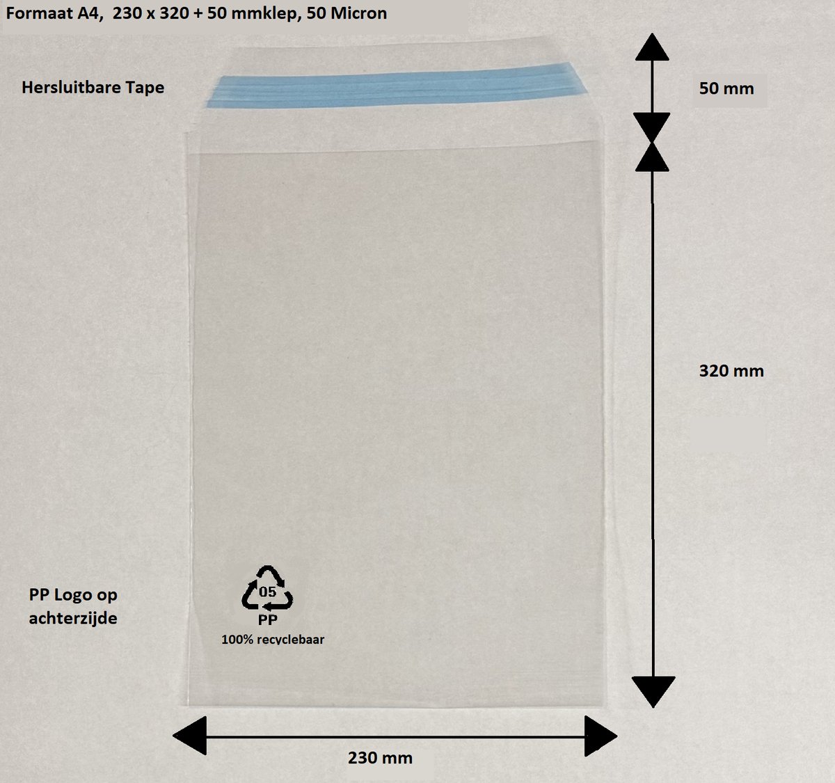 100x Plastic zakjes - A4 - 230x320+50 mm - Cellofaan zakjes met plakstrip - 50 micron - Transparant - PP zakjes 100% recyclebaar - Mailing zakjes