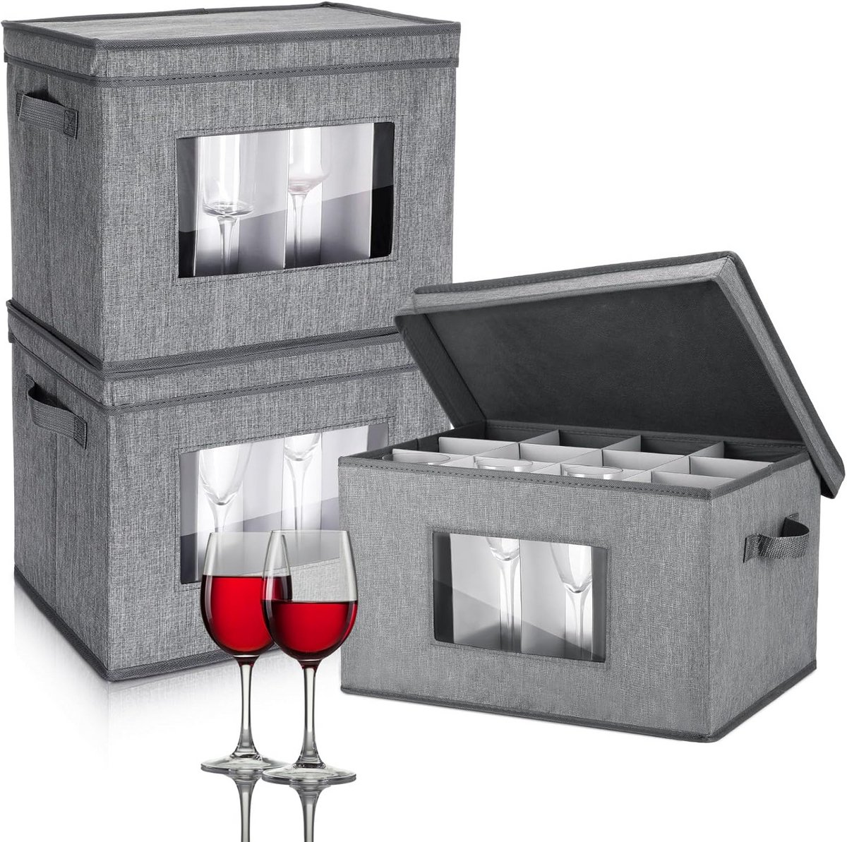 Set van 3 Opbergdozen voor Wijnglazen en Champagneglazen - Met Vakken en Deksel