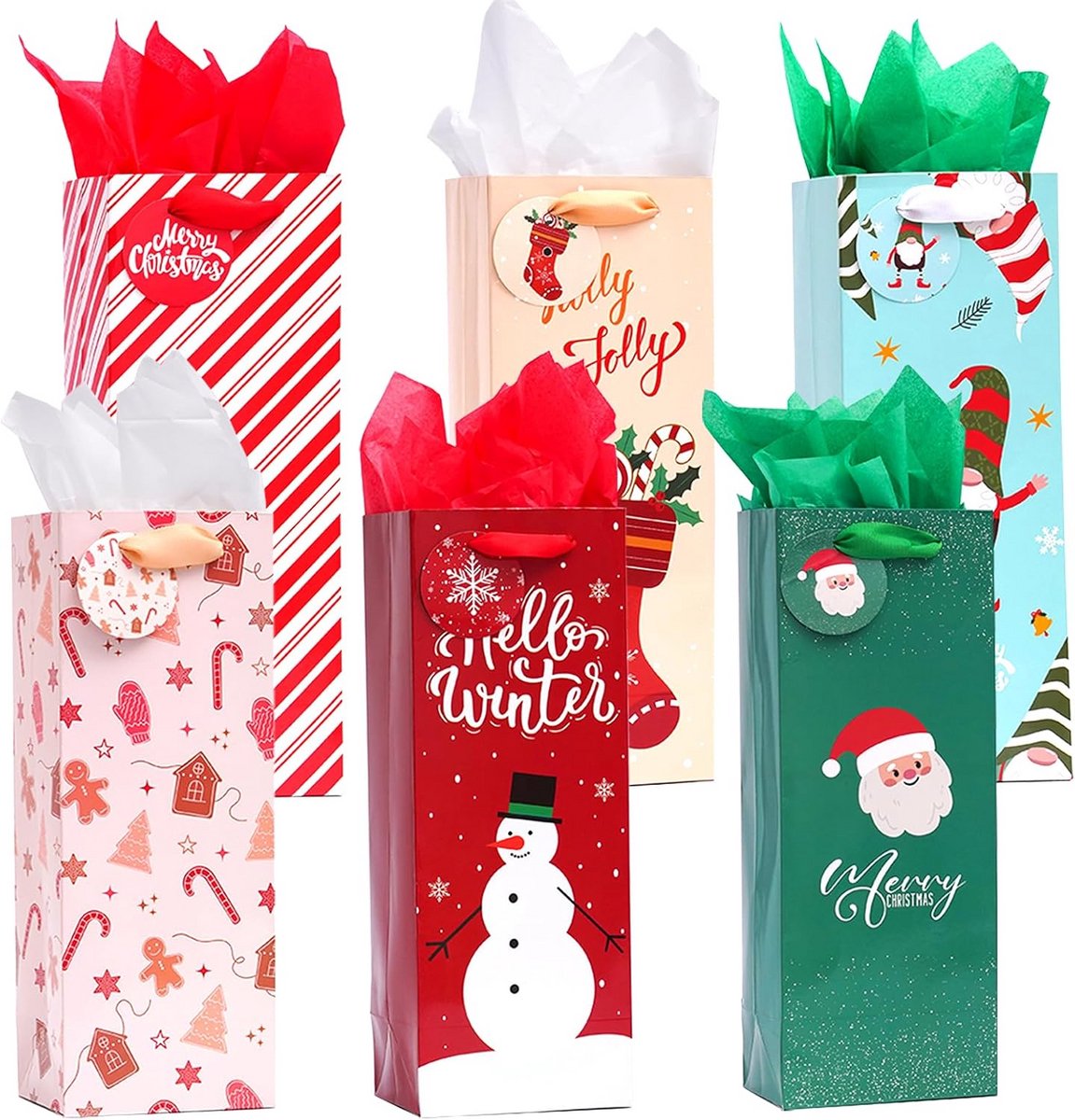 12x Kerst Wijn Geschenkzakken met Tags en Zijdevloeipapier | Luxe Wijnverpakking voor Kerstcadeaus