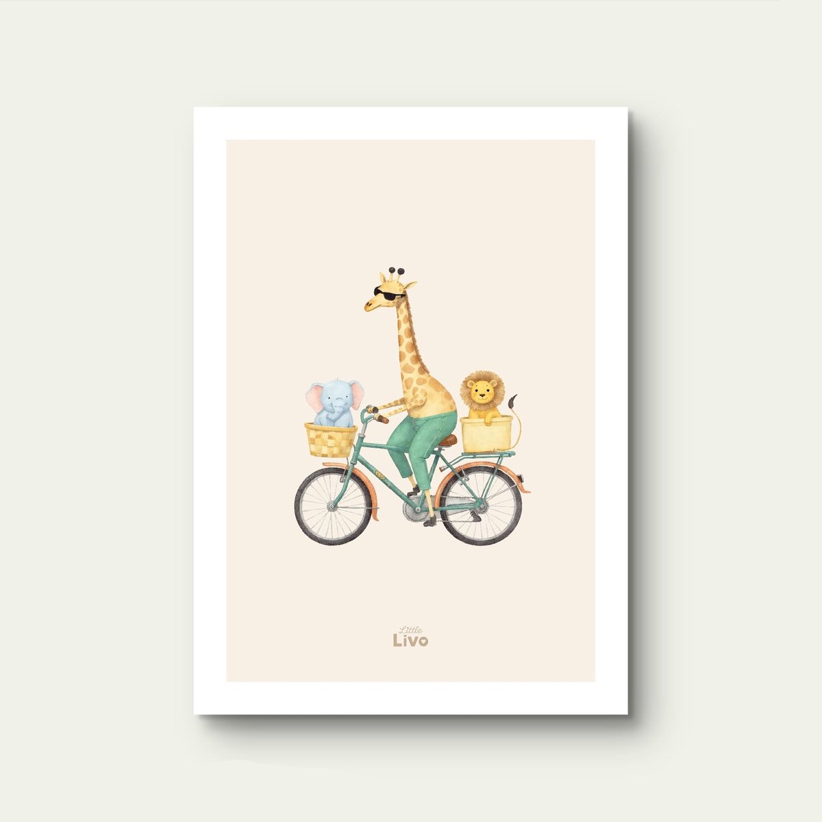 Little Livo Kinderposter Dieren op Fietsavontuur – Poster Kinderkamer – Muurdecoratie – 50 x 70 cm – Mat – 250 g/m² Papier