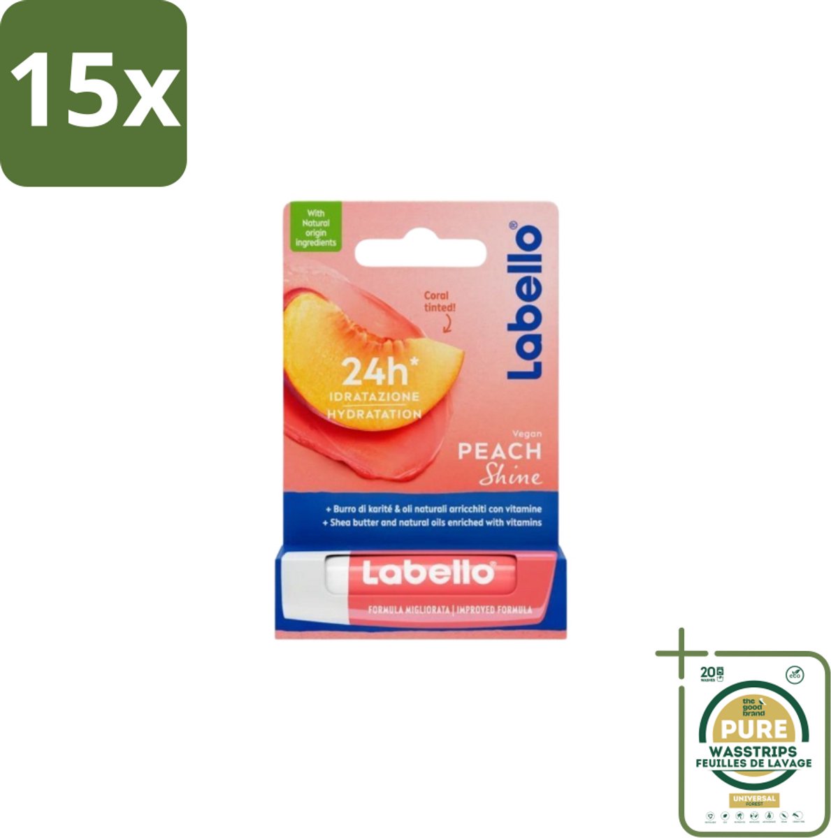 15 x Labello – Lippenbalsem – Fruity Peach Shine – Vegan - Grootverpakking - Vegan Lippenbalsem - Lippenbalsem - Lippenhydratatie - Natuurlijke Lippenbalsem - Fruitige Lippenbalsem