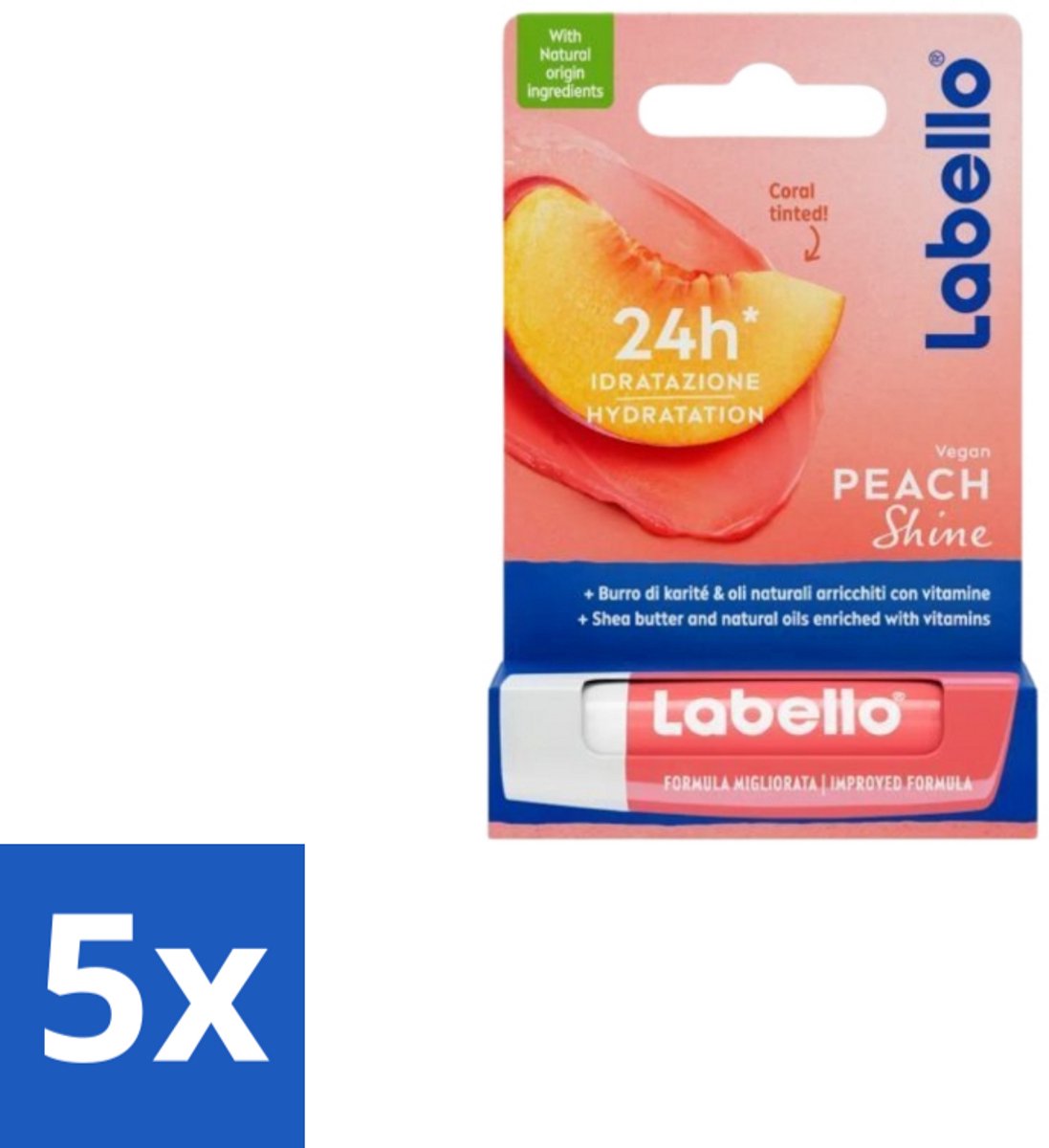 Labello – Lippenbalsem – Fruity Peach Shine – Vegan - Bulkverpakking - 5 stuks